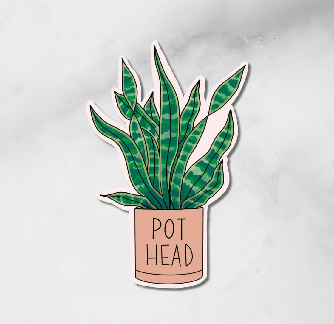 A sticker of a pot-headed plant, predominantly green with some leaves in shades of green and a pink pot labelled 'POT HEAD'.