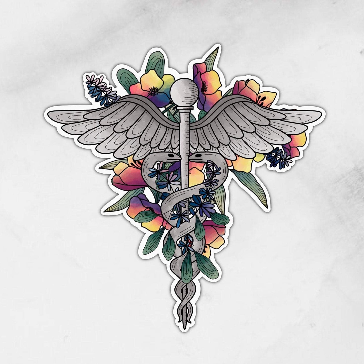 caduceus sticker with florals
