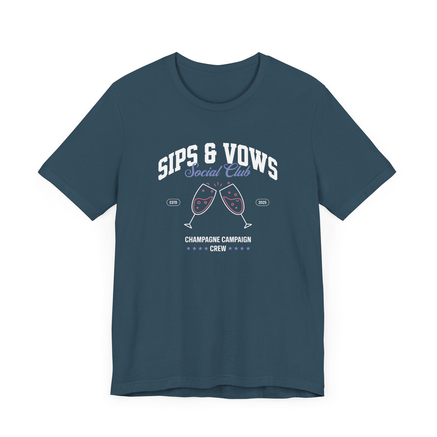 Sips & Vows Short Sleeve Tee, Celebratory Shirt, Champagne Crew Gift, Unisex Tee for Weddings, Social Events, and Parties