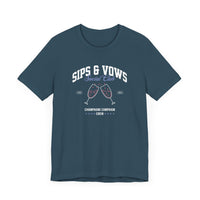 Sips & Vows Short Sleeve Tee, Celebratory Shirt, Champagne Crew Gift, Unisex Tee for Weddings, Social Events, and Parties
