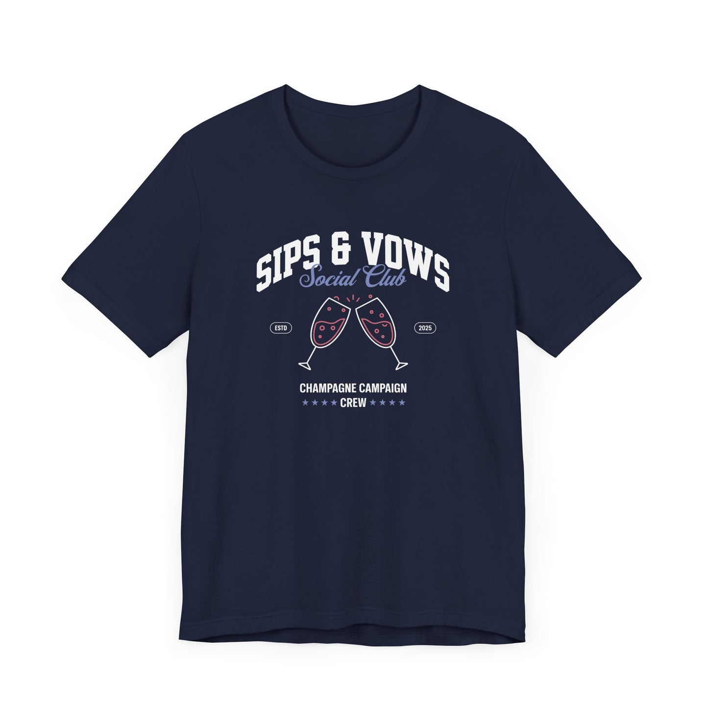 Sips & Vows Short Sleeve Tee, Celebratory Shirt, Champagne Crew Gift, Unisex Tee for Weddings, Social Events, and Parties