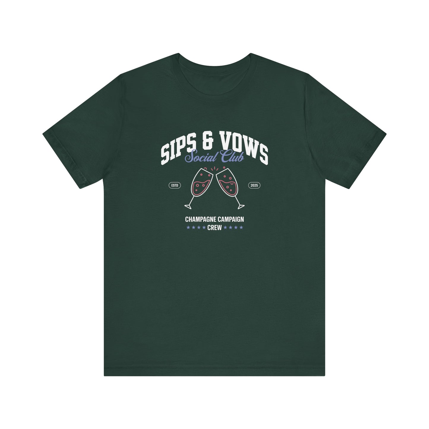 Sips & Vows Short Sleeve Tee, Celebratory Shirt, Champagne Crew Gift, Unisex Tee for Weddings, Social Events, and Parties