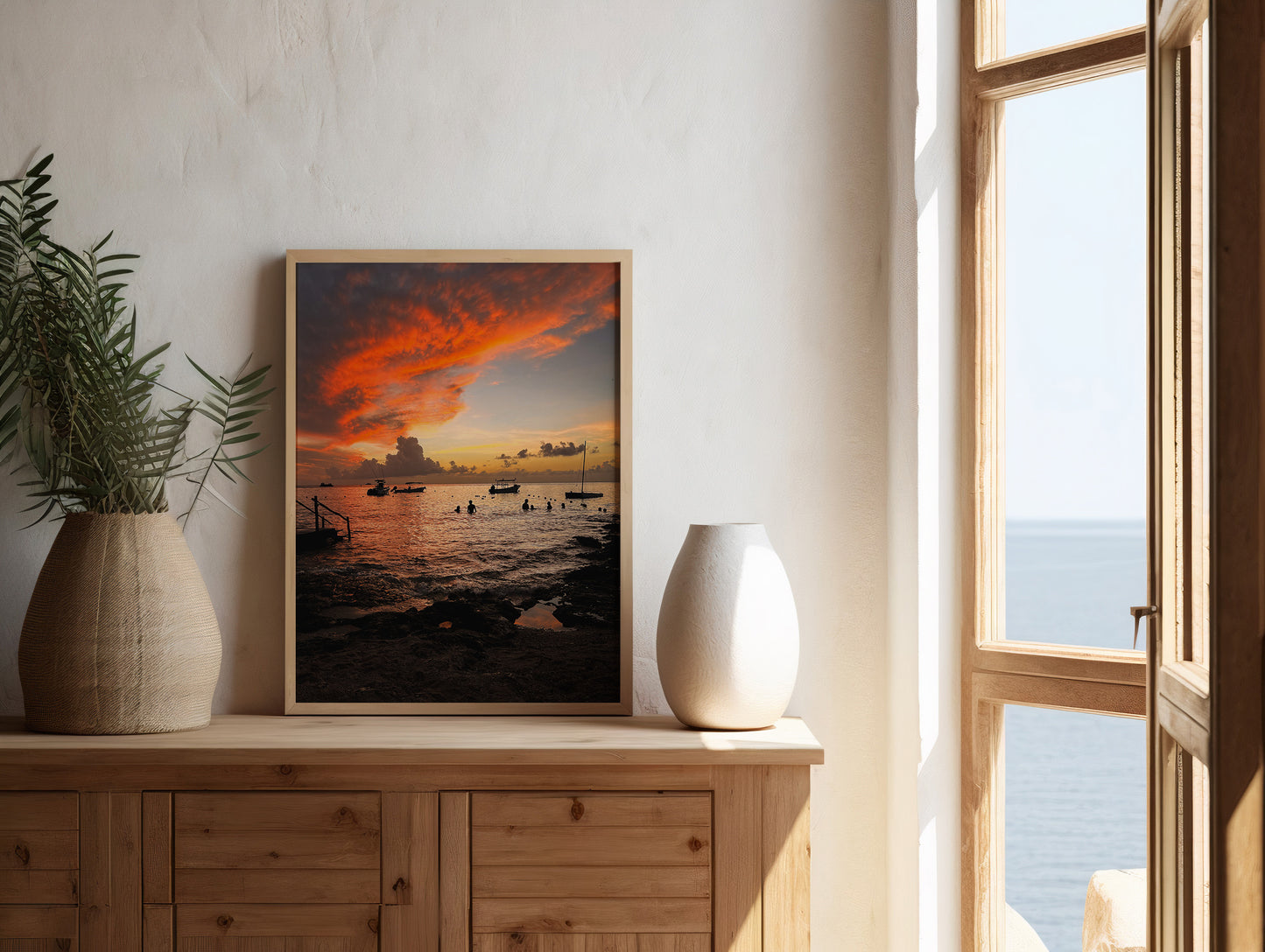 Harbor Glow | Sunset Photography Print, Coastal Wall Art, Fiery Sky Ocean Fine Art Print