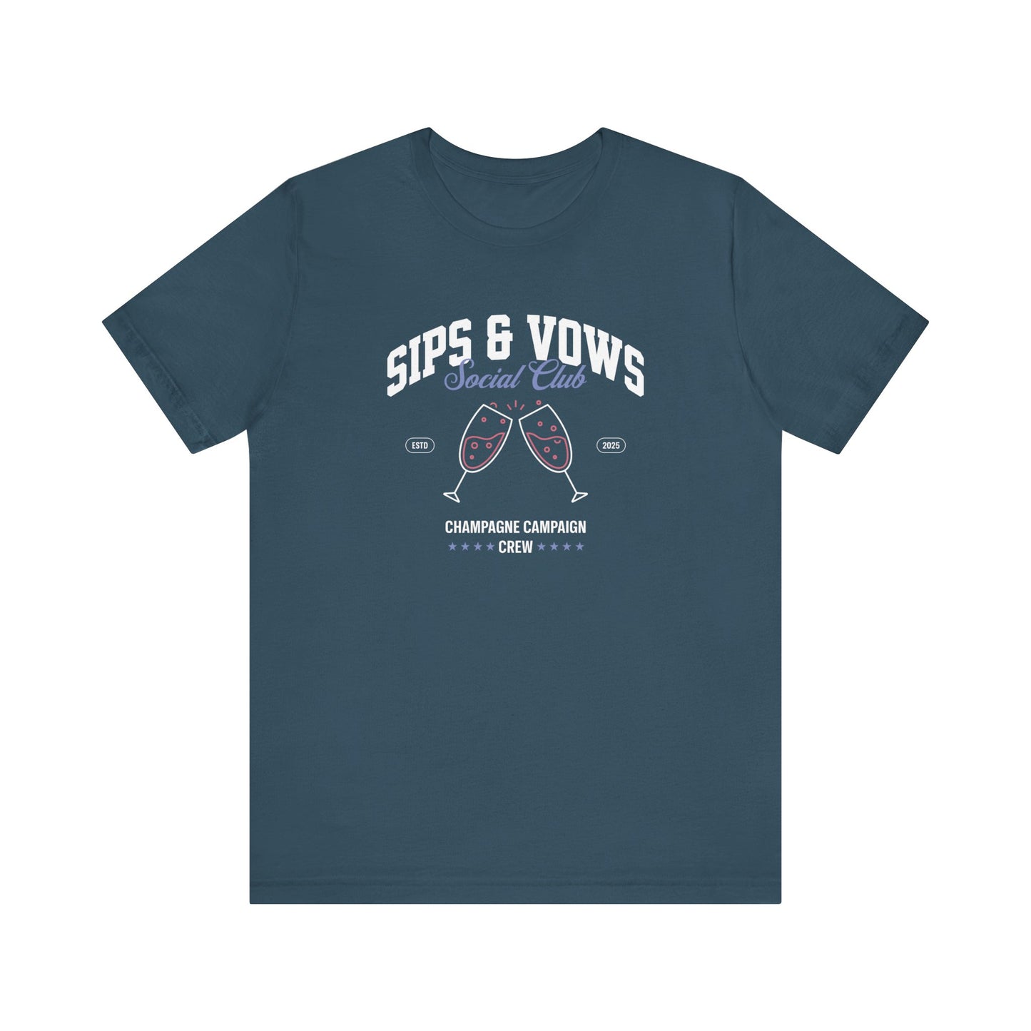 Sips & Vows Short Sleeve Tee, Celebratory Shirt, Champagne Crew Gift, Unisex Tee for Weddings, Social Events, and Parties