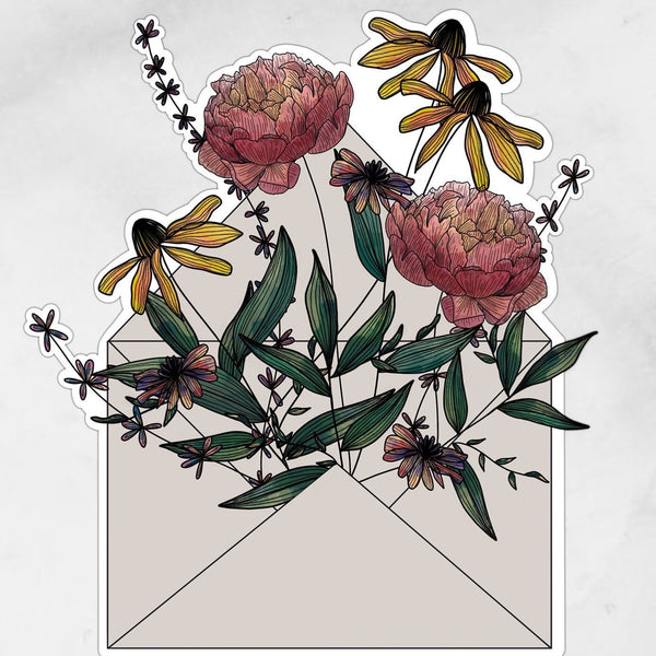 open envelope with flowers coming out of it like the happiest mail sticker
