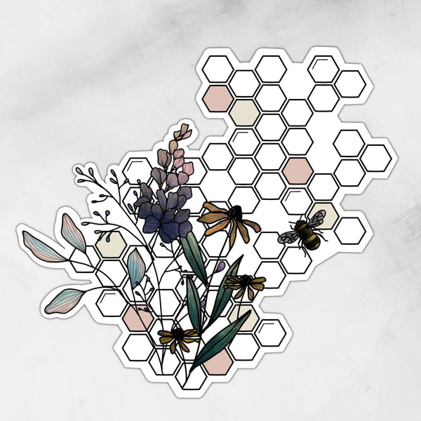 honeycomb with bee and flowers sticker